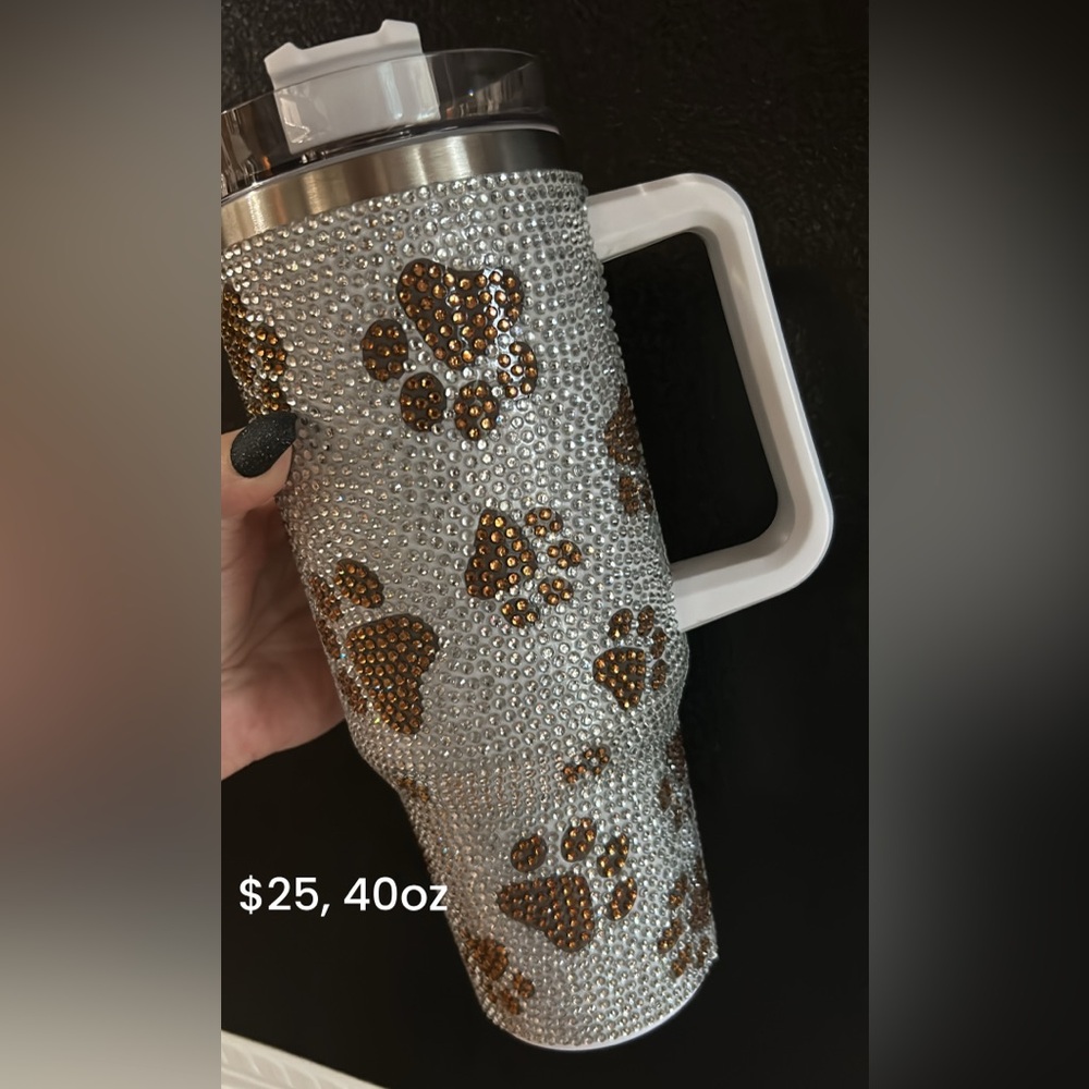 Silver Paw Print Rhinestone Tumbler